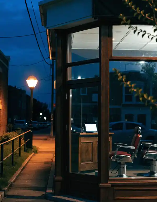 A barbershop at night with the booking page open at the front desk